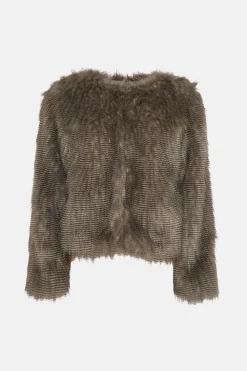 Outlet Oasis Petite Stripe Faux Fur Collarless Coat Grey