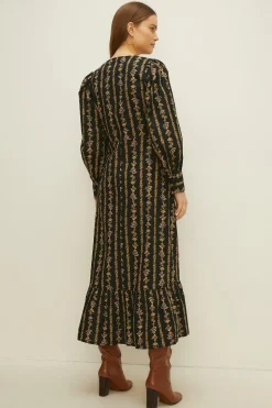 Outlet Oasis Petite Stripe Floral Wrap Midi Dress Black