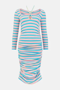 New Oasis Petite Stripe Rib Tie Neck Ruched Midi Dress Pink