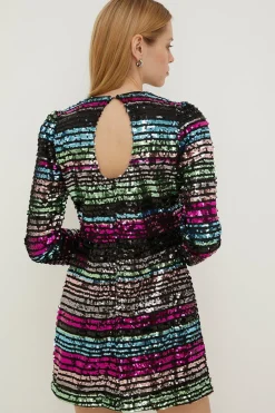 Clearance Oasis Petite Stripe Sequin Puff Sleeve Shift Dress Multi