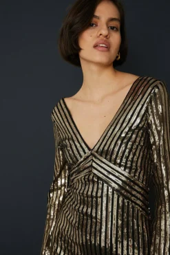 Online Oasis Petite Stripe Sequin V Neck Mini Dress Metallic Gold
