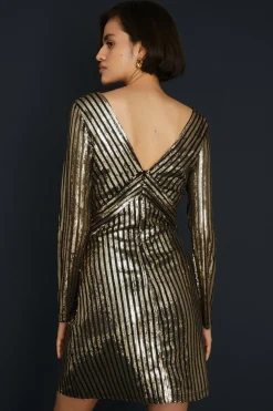 Online Oasis Petite Stripe Sequin V Neck Mini Dress Metallic Gold