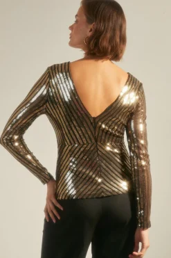 Online Oasis Petite Stripe Sequin V Neck Top Metallic Gold