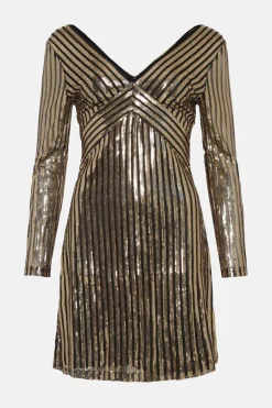 Online Oasis Petite Stripe Sequin V Neck Mini Dress Metallic Gold