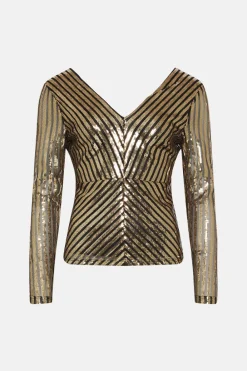 Online Oasis Petite Stripe Sequin V Neck Top Metallic Gold