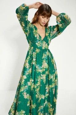 Online Oasis Petite Swirly Floral Metallic Button Maxi Dress Green