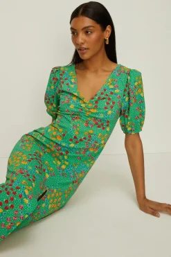 New Oasis Petite Textured Floral Tie Back Midi Dress Green