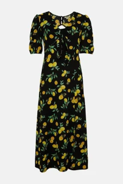 New Oasis Petite Textured Fruit Tie Front Midi Dress Black