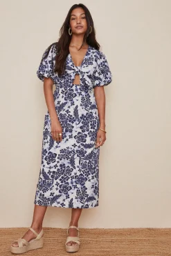 Discount Oasis Petite Tie Front Floral Printed Midi Dress Blue