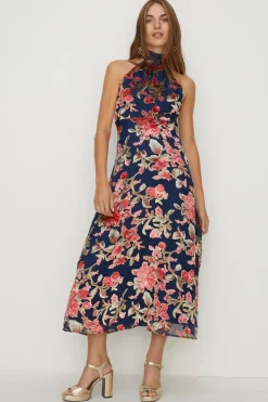 Hot Oasis Petite Tie Halterneck Floral Devore Dress Navy