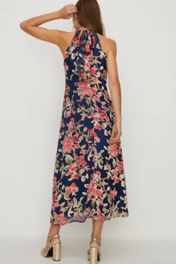 Hot Oasis Petite Tie Halterneck Floral Devore Dress Navy