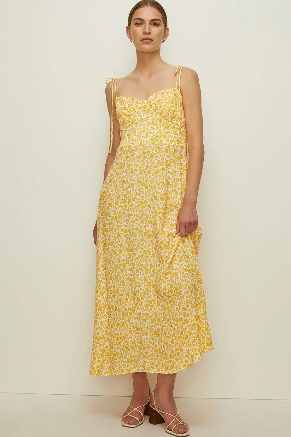 Fashion Oasis Petite Tie Shoulder Ditsy Pleat Bust Dress Yellow
