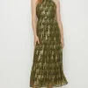 Fashion Oasis Petite Tiered Halter Neck Metallic Dress Khaki