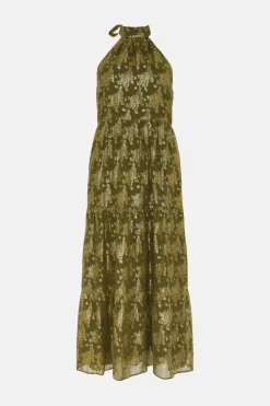 Fashion Oasis Petite Tiered Halter Neck Metallic Dress Khaki