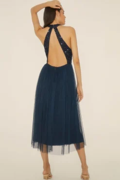 Sale Oasis Petite Tonal Sequin Halterneck Midi Dress Navy