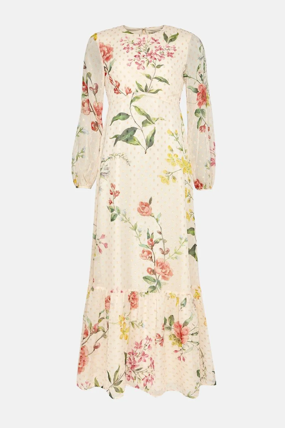 Outlet Oasis Petite Trailing Floral Metallic Balloon Sleeve Dress Ivory