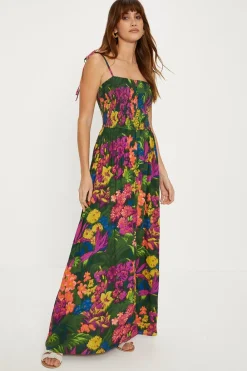 Hot Oasis Petite Tropical Print Crinkled Shirred Maxi Dress Multi