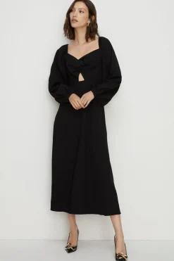Hot Oasis Petite Twist Front Bardot Crepe Midi Dress Black
