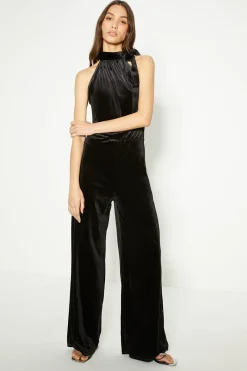 Sale Oasis Petite Velvet High Neck Halter Jumpsuit Black