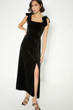 Hot Oasis Petite Velvet Tie Shoulder Dress Black
