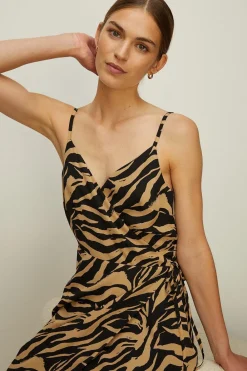 Outlet Oasis Petite Zebra Strappy Cami Wrap Dress Tan