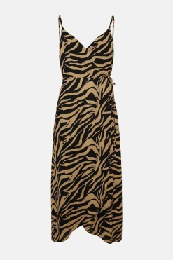 Outlet Oasis Petite Zebra Strappy Cami Wrap Dress Tan