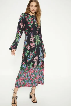 Outlet Oasis Placement Border Floral Midi Dress Black