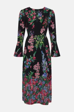 Outlet Oasis Placement Border Floral Midi Dress Black