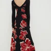 Online Oasis Placement Floral Keyhole Midi Dress Black