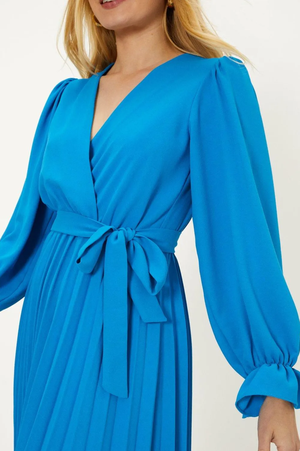 Online Oasis Plain Belted Pleat Wrap Midi Dress Blue
