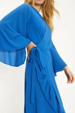 Discount Oasis Plain Flute Sleeve Ruffle Wrap Dress Cobalt