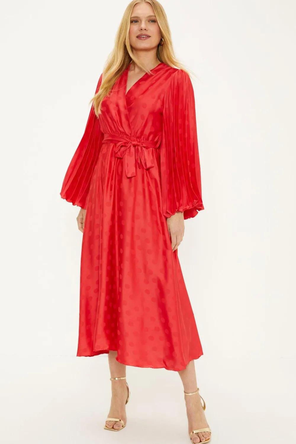 Hot Oasis Plain Satin Jacquard Spot Wrap Midi Dress Red