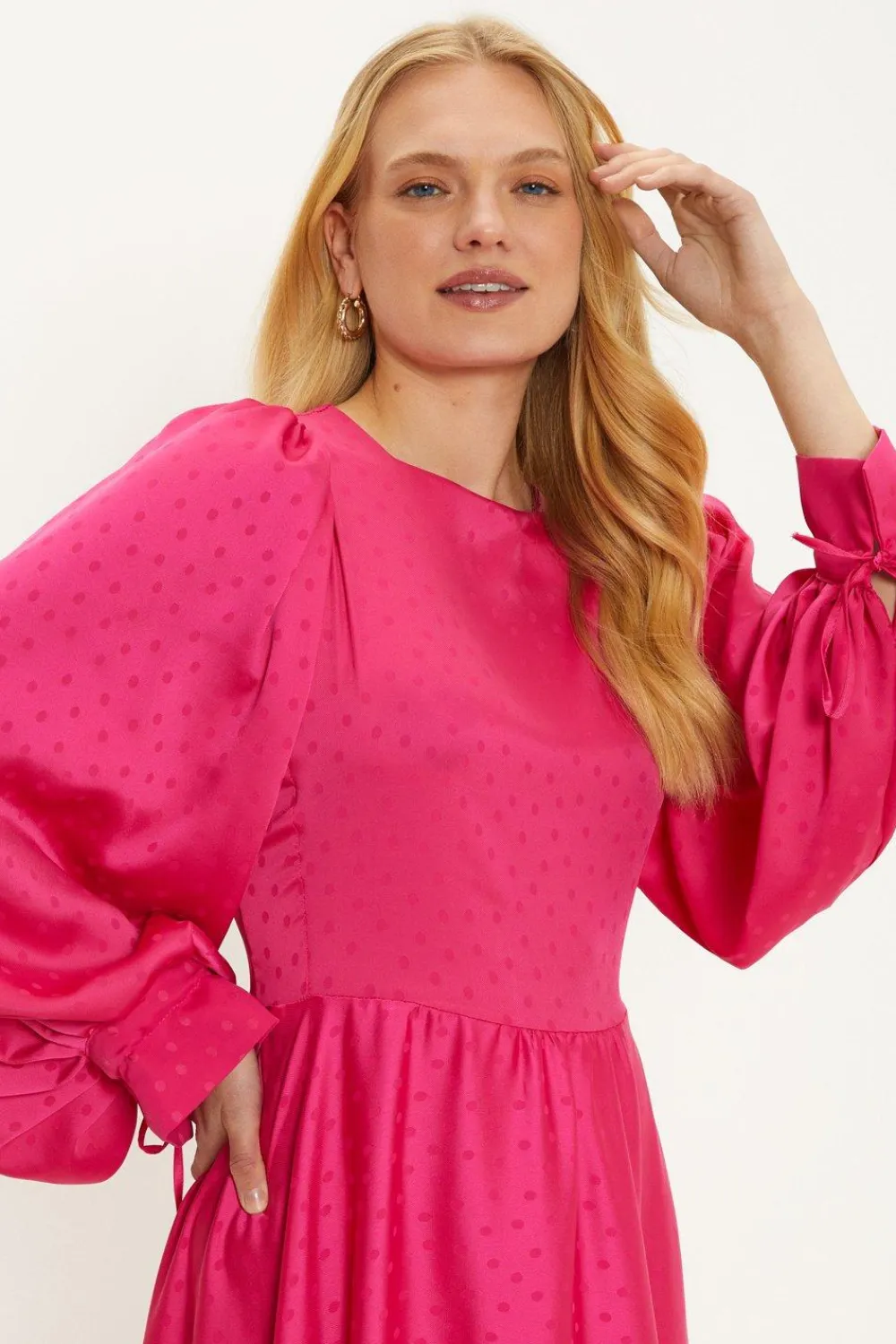 Fashion Oasis Plain Satin Jacquard Spot Tie Cuff Midi Dress Pink