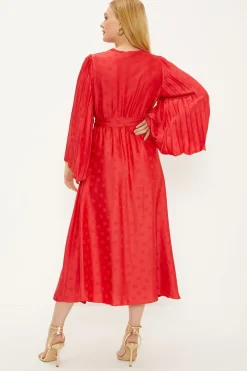 Hot Oasis Plain Satin Jacquard Spot Wrap Midi Dress Red