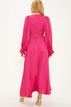 Fashion Oasis Plain Satin Jacquard Spot Tie Cuff Midi Dress Pink