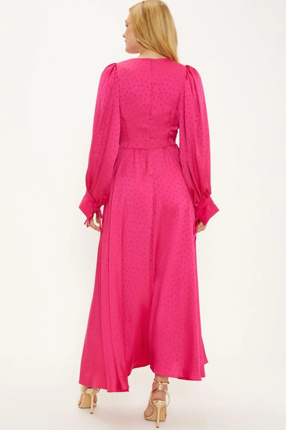 Fashion Oasis Plain Satin Jacquard Spot Tie Cuff Midi Dress Pink