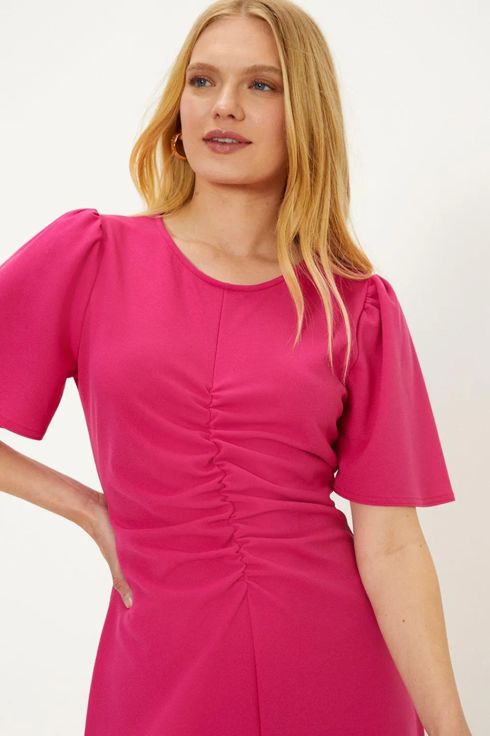 Online Oasis Plain Stretch Crepe Ruched Front Midi Dress Pink