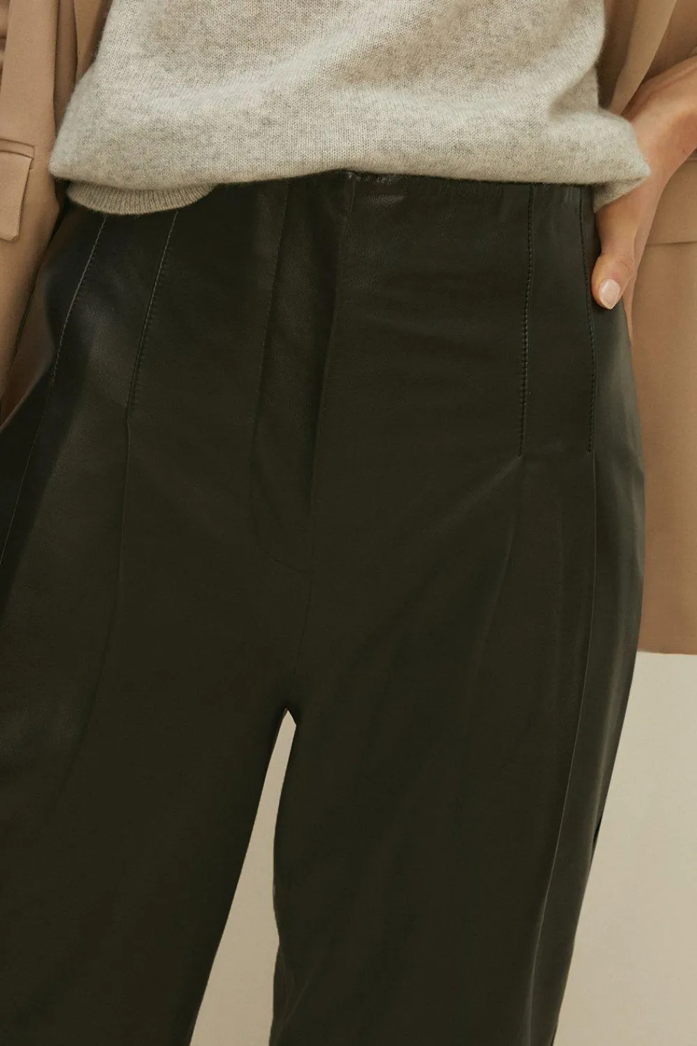 Online Oasis Pleat Detail Straight Leg Leather Trouser Black