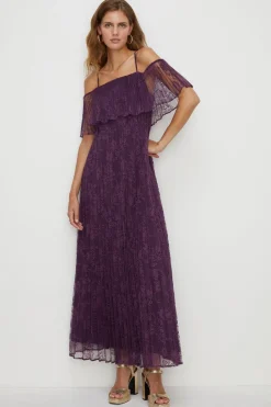 Best Oasis Pleated Strappy Tiered Lace Maxi Dress Purple