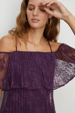 Best Oasis Pleated Strappy Tiered Lace Maxi Dress Purple