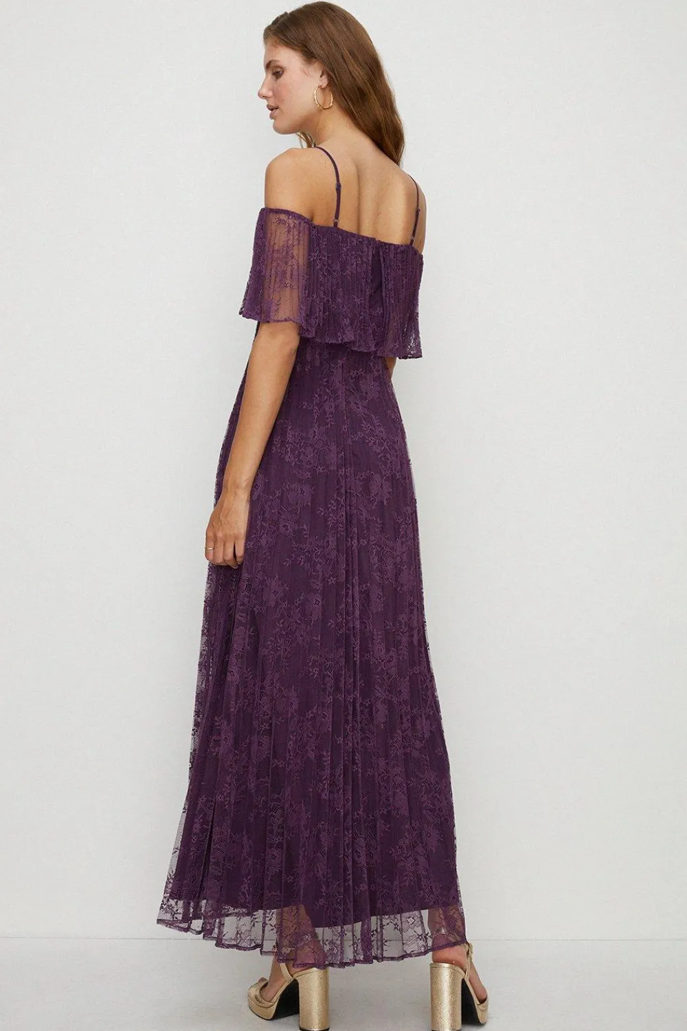 Best Oasis Pleated Strappy Tiered Lace Maxi Dress Purple