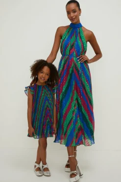 Outlet Oasis Pleated Stripe Halter Neck Trapeze Midi Dress Multi