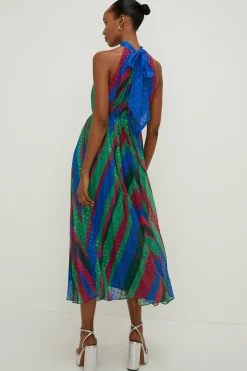 Outlet Oasis Pleated Stripe Halter Neck Trapeze Midi Dress Multi