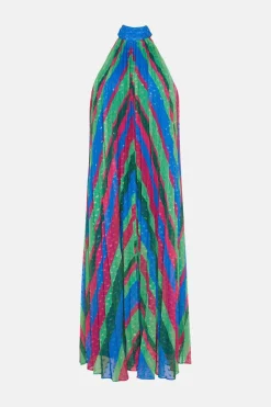 Outlet Oasis Pleated Stripe Halter Neck Trapeze Midi Dress Multi