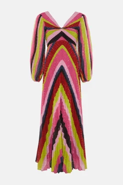 Clearance Oasis Pleated Stripe Metallic V Neck Midi Dress Pink