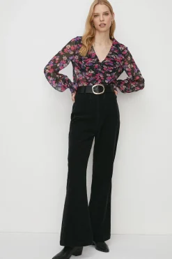 Hot Oasis Pleated V Neck Floral Blouse Multi
