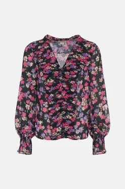 Hot Oasis Pleated V Neck Floral Blouse Multi