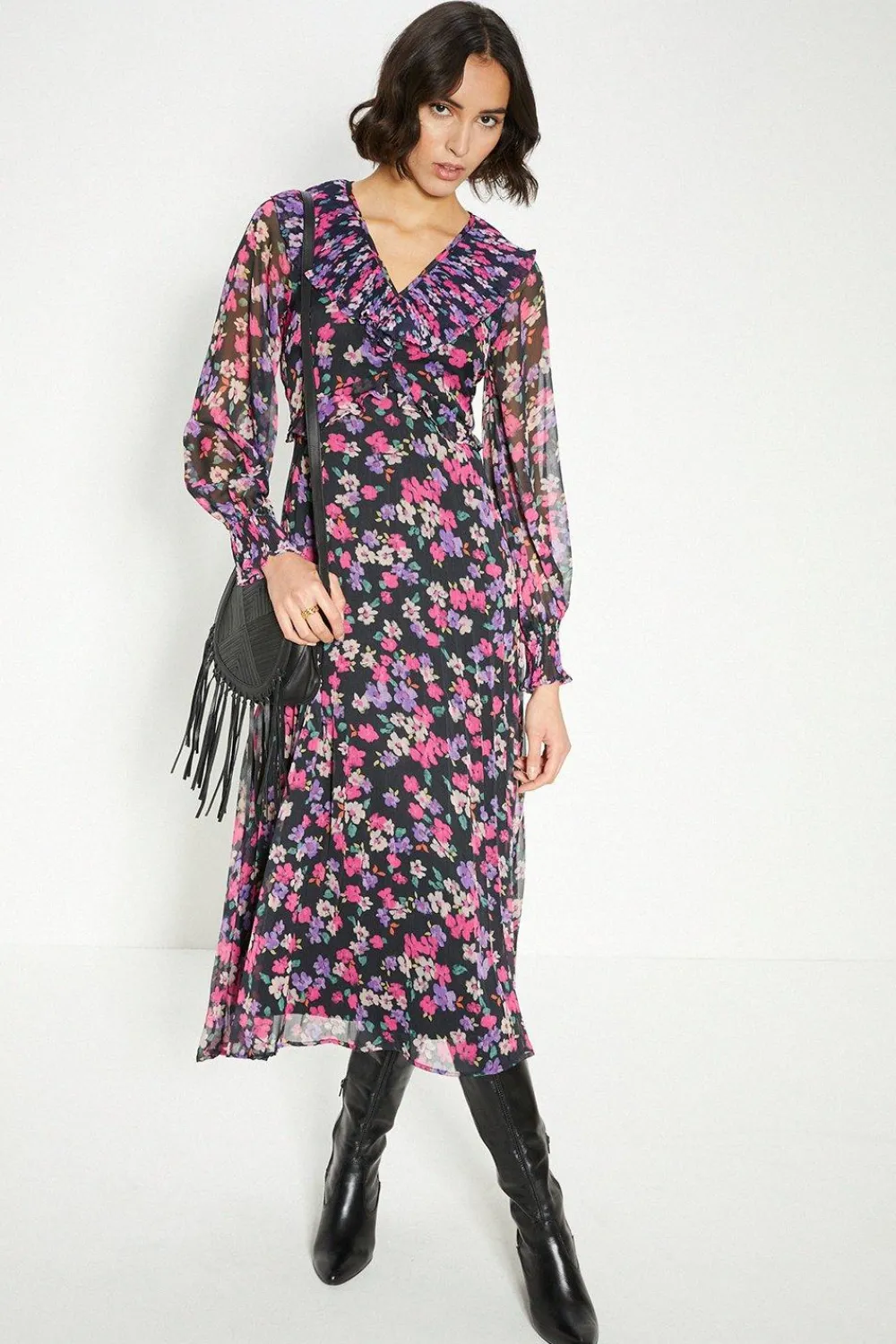 Online Oasis Pleated V Neck Floral Midi Dress Multi