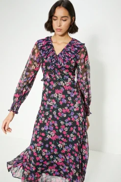 Online Oasis Pleated V Neck Floral Midi Dress Multi