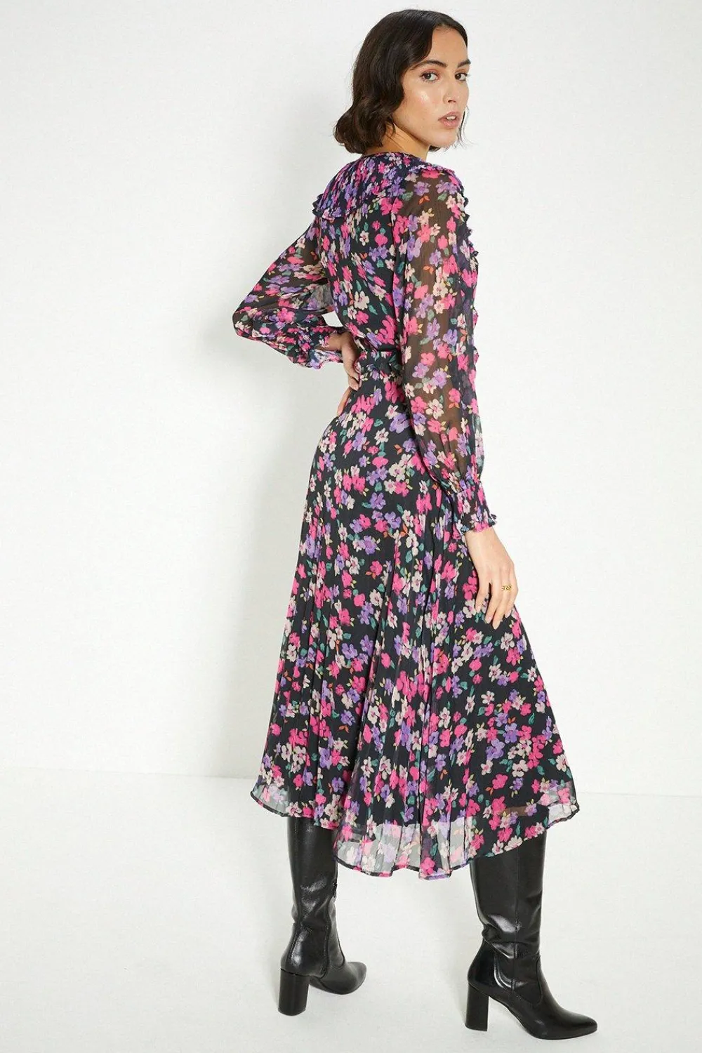 Online Oasis Pleated V Neck Floral Midi Dress Multi